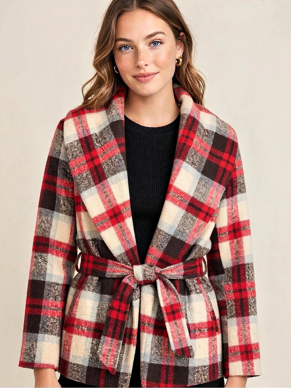 Papillon Plaid Belted Jacket in Red & Black